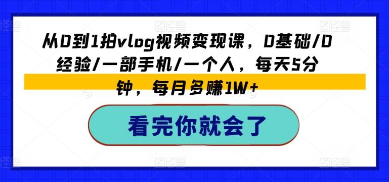从0到1拍vlog视频变现课，0基础/0经验/一部手机/一个人，每天5分钟，每月多赚1W+-观棋网创