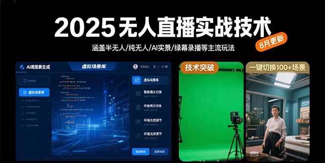2025无人直播实战技术-8月，涵盖半无人/纯无人/AI实景/绿幕录播等主流玩法-观棋网创