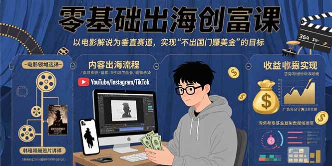 零基础出海创富课：以电影解说为垂直赛道，实现不出国门赚美金的目标-观棋网创