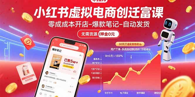 小红书虚拟电商创富课：零成本开店/爆款笔记/自动发货,30天打造被动收入-观棋网创