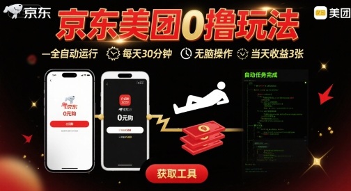 京东美团平台最新0撸玩法，全自动挂G，每天30分钟，无脑操作，当天收益3张【揭秘】-观棋网创