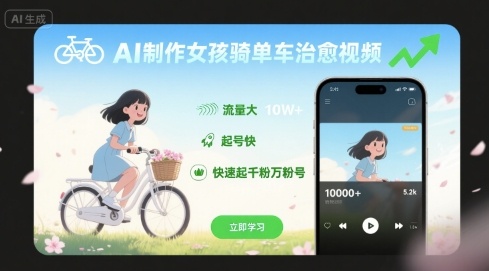 AI制作女孩骑单车治愈视频，流量大，起号快，快速起千粉万粉号-观棋网创