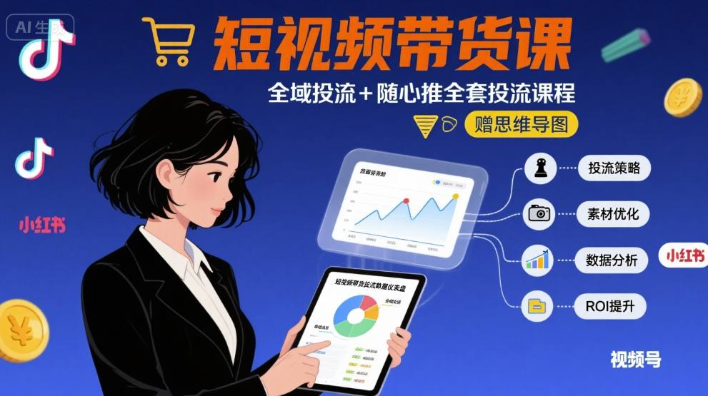 最新短视频带货课，全域投流+随心推全套投流课程+思维导图-观棋网创