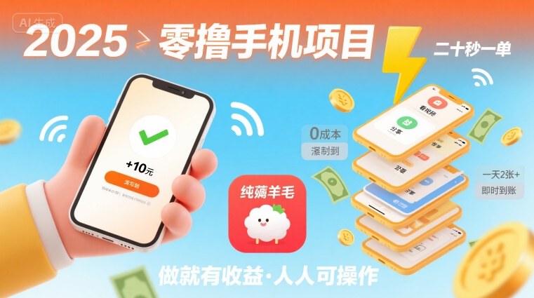 2025年零撸手机项目，二十秒一单，纯薅羊毛 一天2张+做就有-观棋网创