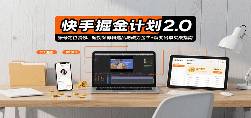 快手掘金计划2.0，账号定位装修、短视频剪辑选品与磁力金牛+裂变出单实战指南-观棋网创