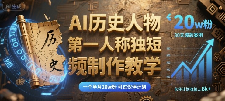 最新AI历史人物第一人称独白短视频制作教学，一个半月20w粉，可过伙伴计划-观棋网创