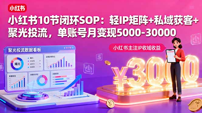 小红书10节闭环SOP：轻IP矩阵+私域获客+聚光投流，单账号月变现5000-30000-观棋网创