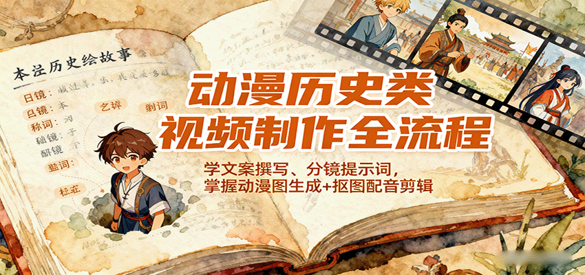 动漫历史类视频制作全流程，学文案撰写、分镜提示词，掌握动漫图生成+抠图配音剪辑-观棋网创