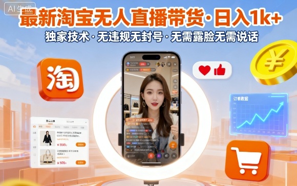 最新淘宝无人直播带货，日入1k+，独家技术，无违规无封号，无需露脸无需说话【揭秘】-观棋网创