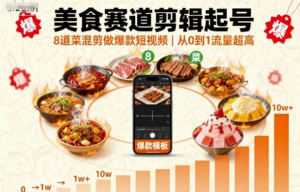 美食赛道剪辑起号，8道菜混剪做爆款短视频，从0到1，流量超高-观棋网创