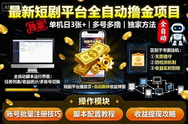 最新短剧平台全自动挂G撸金项目，单机一天3张+，多号多撸，区别于市面所有挂机项目，独家方法【揭秘】-观棋网创