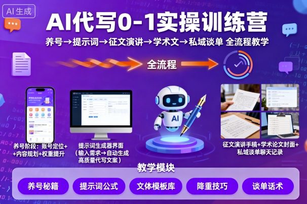 AI代写0-1实操训练营，从养号、提示词、征文演讲、学术文，到私域谈单的全流程教学-观棋网创