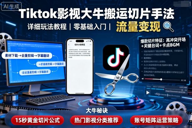 Tiktok影视大牛搬运切片手法，详细玩法教程-观棋网创
