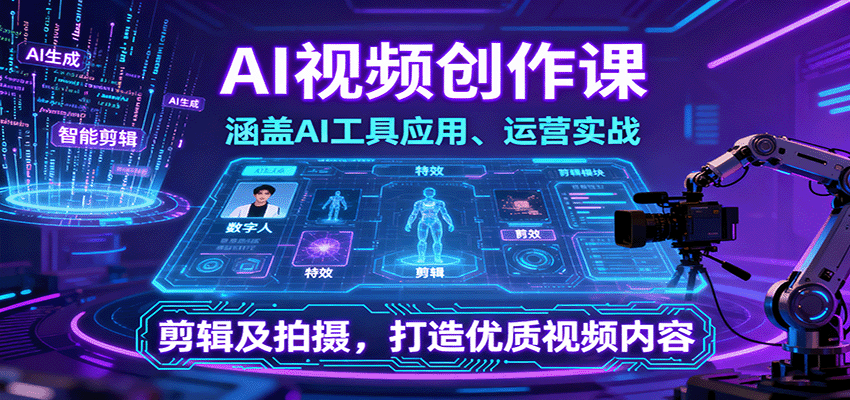 AI视频创作课，涵盖AI工具应用、运营实战、剪辑及拍摄，打造优质视频内容-观棋网创