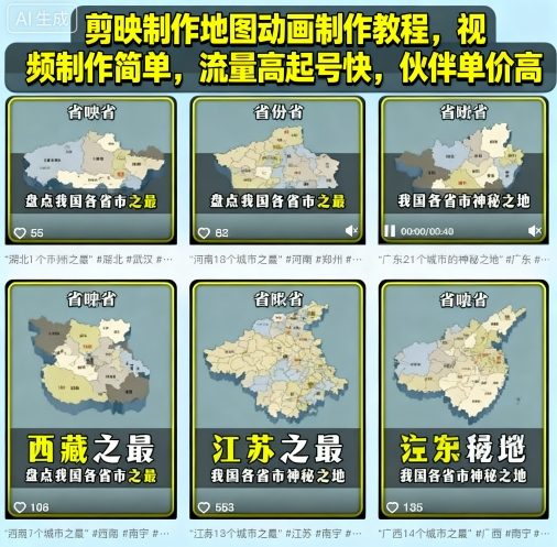 剪映制作地图动画制作教程，视频制作简单，流量高起号快，伙伴单价高-观棋网创