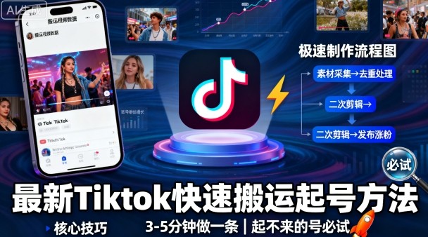 最新Tiktok快速搬运快速起号方法，3-5分钟做一条，起不来的号可以试试-观棋网创