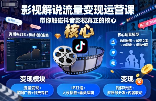 影视解说流量变现运营课，带你触碰抖音影视真正的核心-观棋网创