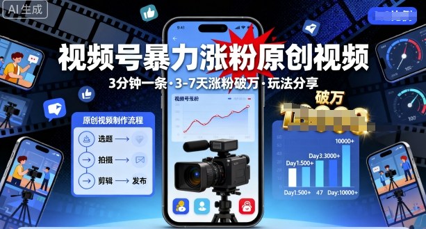 视频号暴力涨粉原创视频，3分钟一条原创视频，3-7天涨粉破万，玩法分享给你-观棋网创