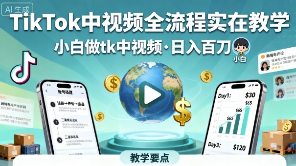 TikTok中视频全流程实操教学，小白做tk中视频，日入百刀-观棋网创