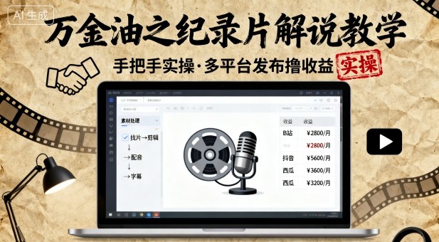 万金油之纪录片解说教学，手把手教你，完全实操，多平台发布撸收益-观棋网创