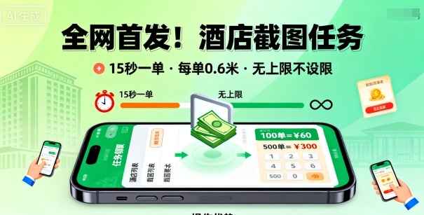全网首发！酒店截图任务，15秒一单，每单0.6米，任务无上限不设限，矩阵操作单日3张到手【揭秘】-观棋网创