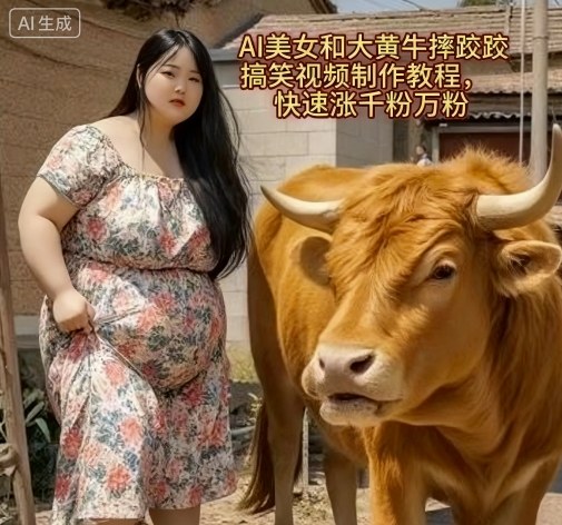 AI美女和大黄牛摔跤搞笑荒诞视频制作教程，快速涨千粉万粉-观棋网创
