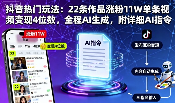 抖音热门玩法：22条作品涨粉11W单条视频变现4位数，全程AI生成，附详细AI指令-观棋网创