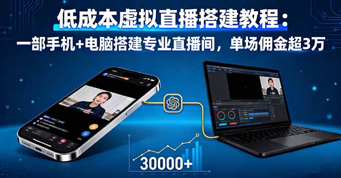 低成本虚拟直播搭建教程：一部手机+电脑搭建专业直播间，单场佣金超3万-观棋网创