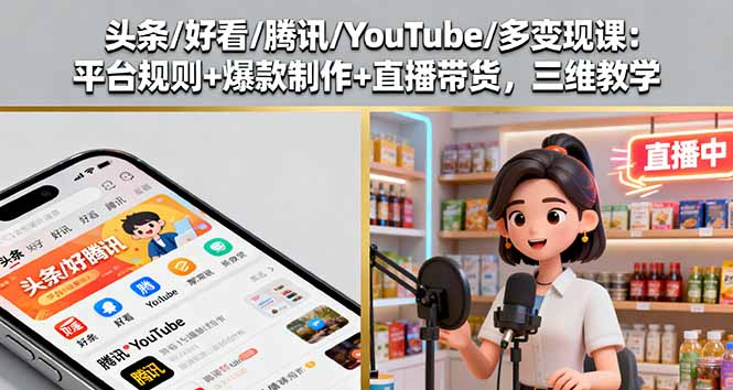 头条/好看/腾讯/YouTube/多变现课：平台规则+爆款制作+直播带货，三维教学-观棋网创