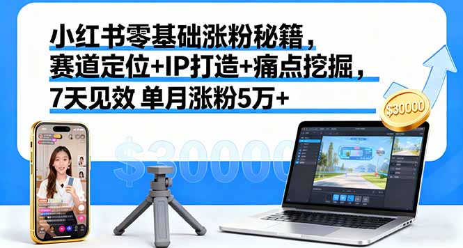 小红书零基础涨粉秘籍，赛道定位+IP打造+痛点挖掘，7天见效 单月涨粉5万+-观棋网创