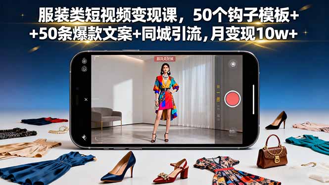 服装类短视频变现课，50个钩子模板+50条爆款文案+同城引流，月变现10w+-观棋网创