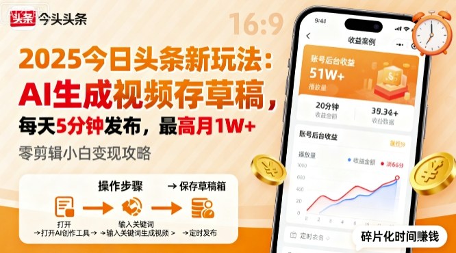 2025年今日头条躺賺新玩法，AI生成视频存草稿，每天5分钟发布，最高月1W+【揭秘】-观棋网创