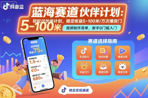 抖音蓝海赛道，轻松过伙伴计划，视频制作简单，万次播放收益在5-100米，稳定收益-观棋网创