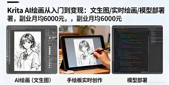 Krita AI绘画从入门到变现：文生图/实时绘画/模型部署，副业月均6000元-观棋网创