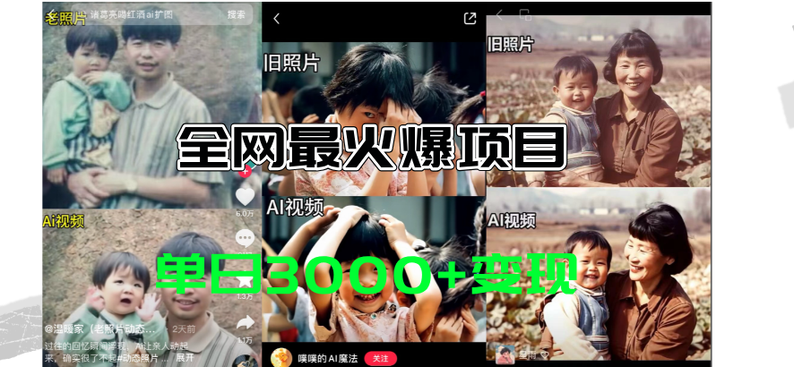 全网爆火的AI让老照片动起来教程，蹭热点日赚3000+，内含免费工具一键…-观棋网创