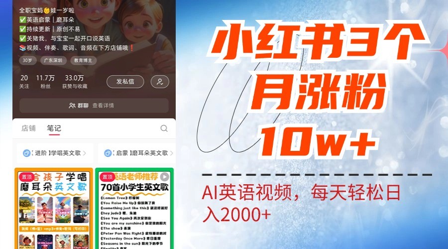 小红书三个月涨粉10W，AI英语视频0成本制作，每天轻松日入2000+-观棋网创